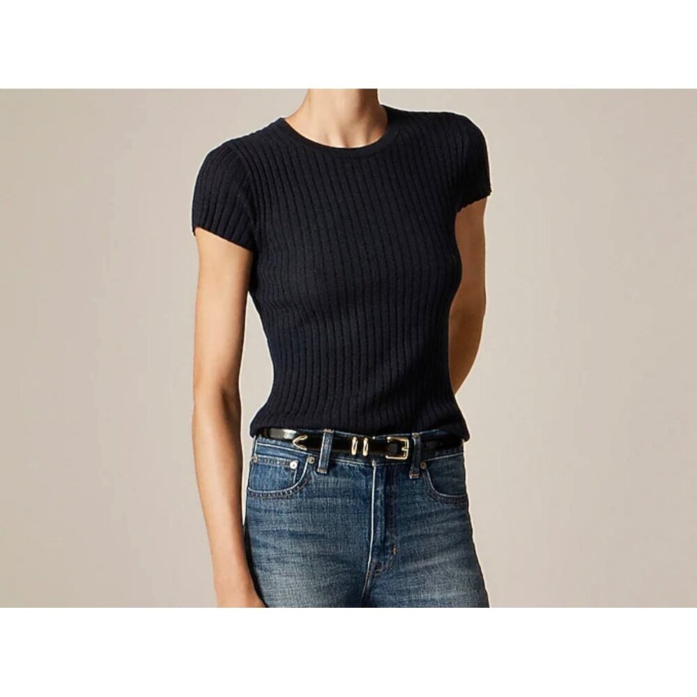 J. Crew Silk Cashmere Ribbed Crew Neckline Short Sleeve Lightweight Navy XS NWT